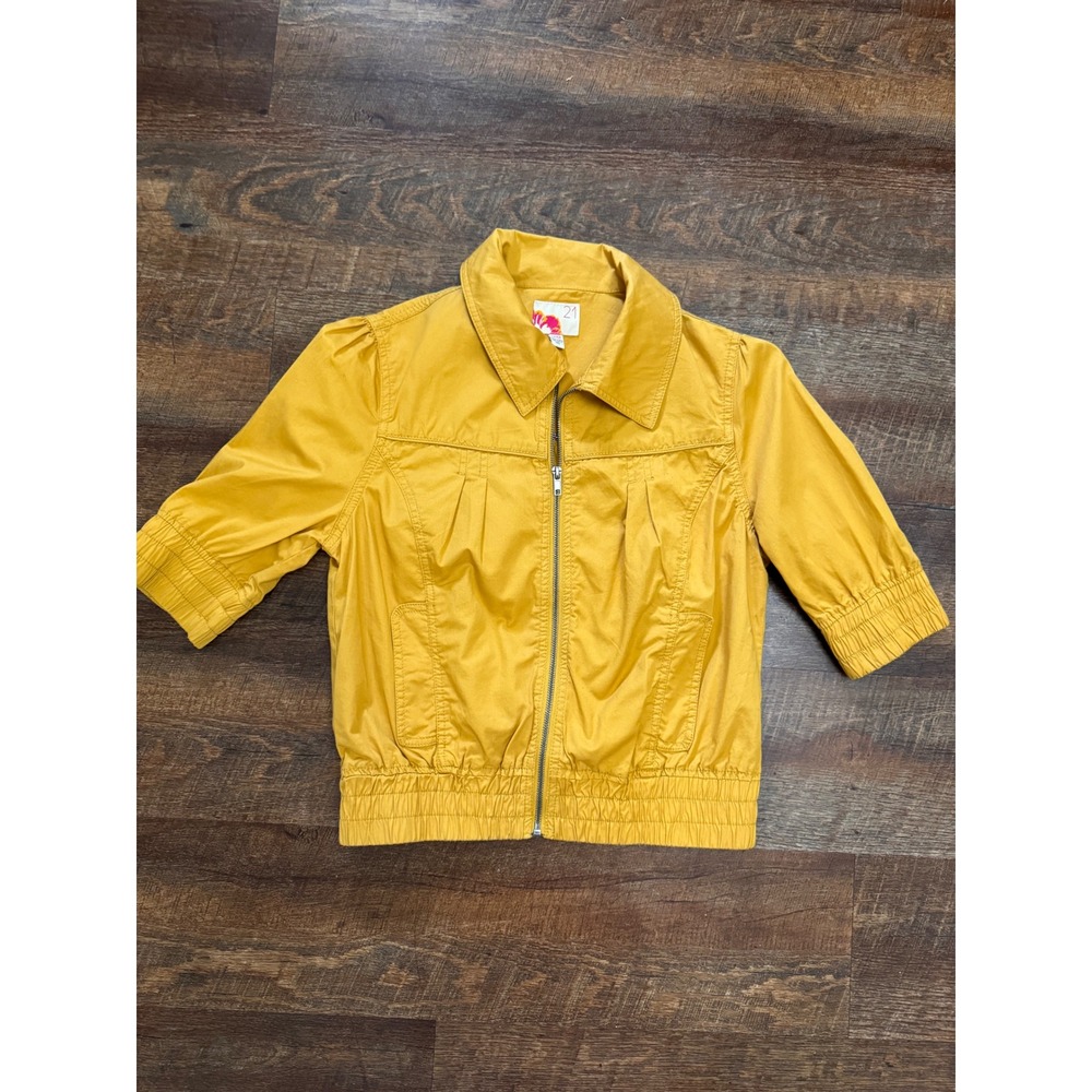 Forever 21 Mustard Yellow Cropped Utility Bomber Jacket Medium Puff Sleeve